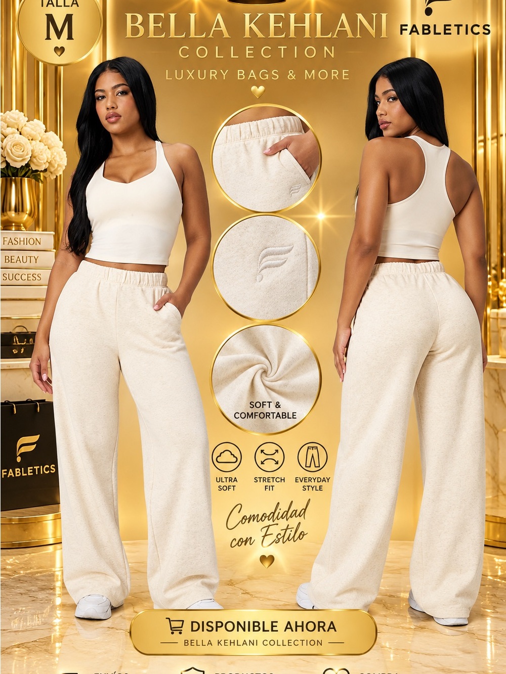 Fabletics Bella Kehlani High-Rise Wide Leg Pants — Cream
